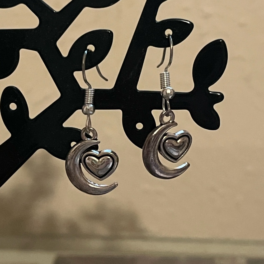 Silver moon and heart earrings